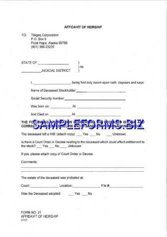 Alaska Affidavit of Heirship Form pdf free